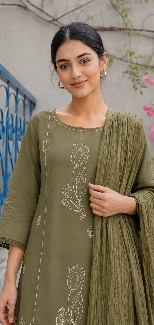 Mouse Brown Cotton Blend Embroidered Kurta and Pant with Dupatta