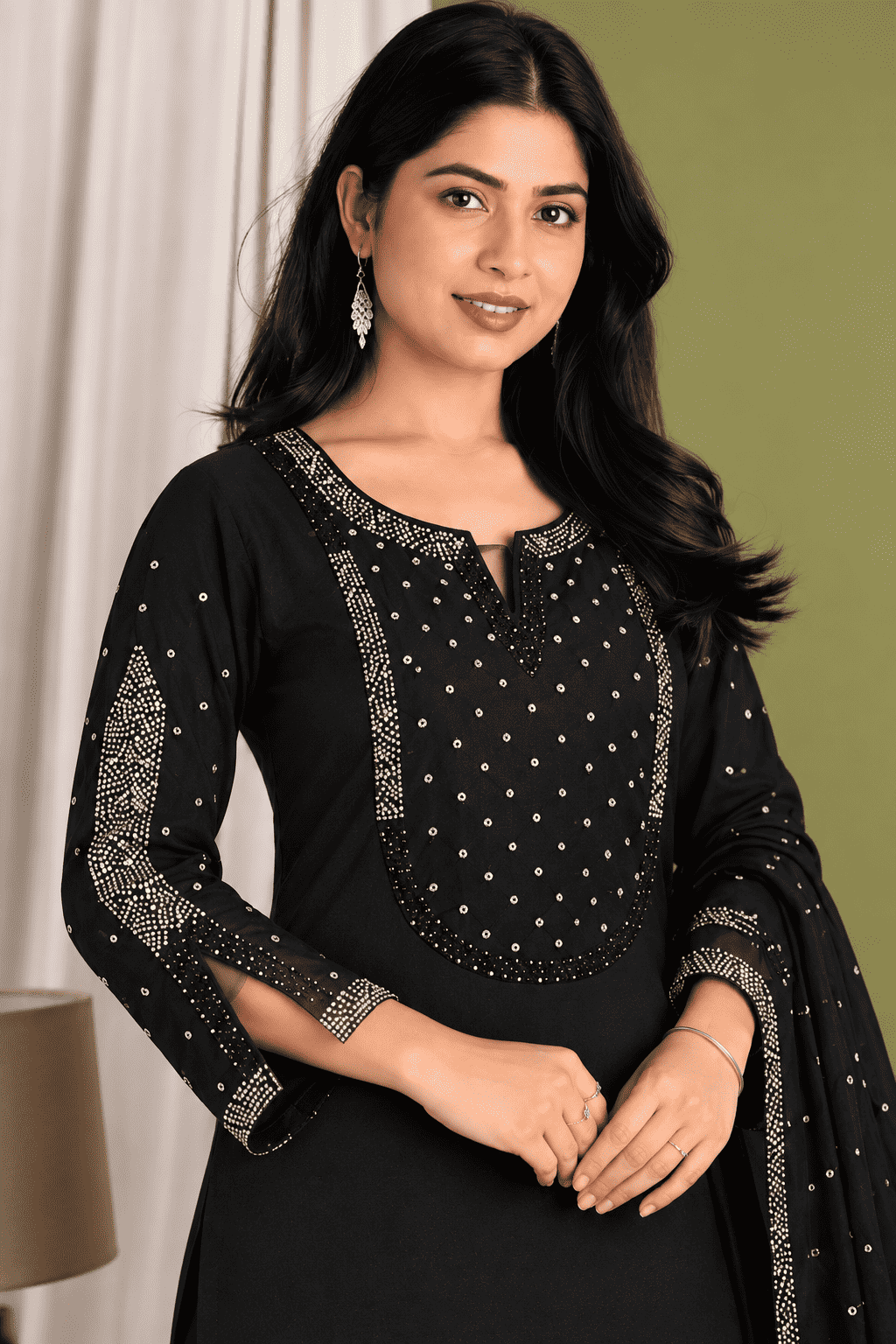 Black Mul Chanderi Embroidered Kurta and Pant with Dupatta