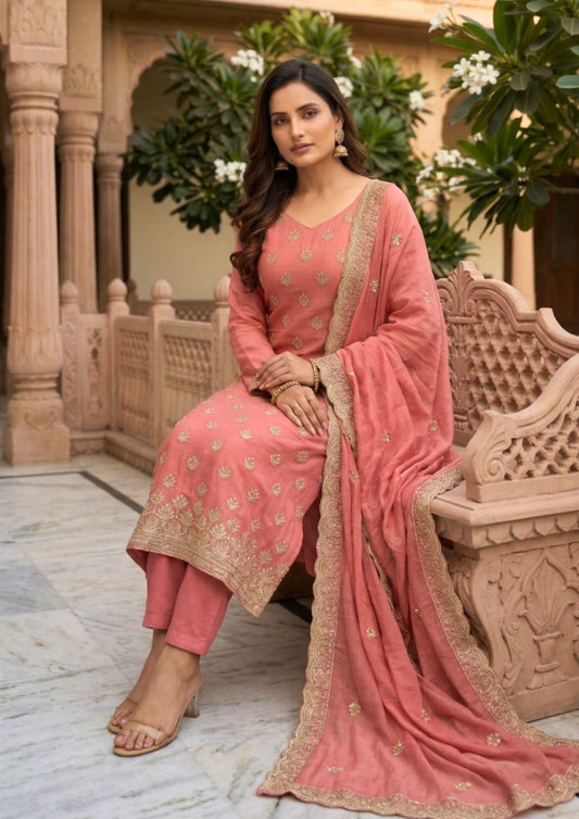 Unstitched Dusty Rose Shimmer Silk-Blend Embroidered Suit Material