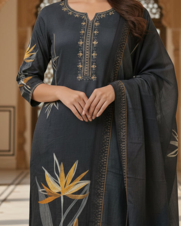 Embroidered Neckline Soft Grey Rayon Kurta Set With Dupatta