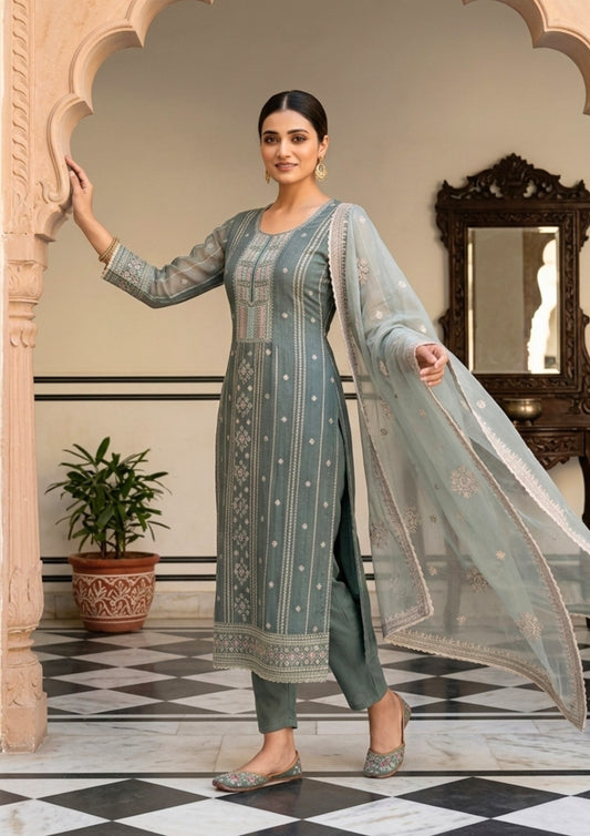 Unstitched Soft Sage-Green Organza With Fine Shimmer And Intricate Ivory Threadwork Suit Material
