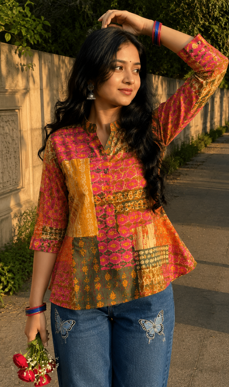 Multicoloured Abstract Printed Cotton Short Kurti