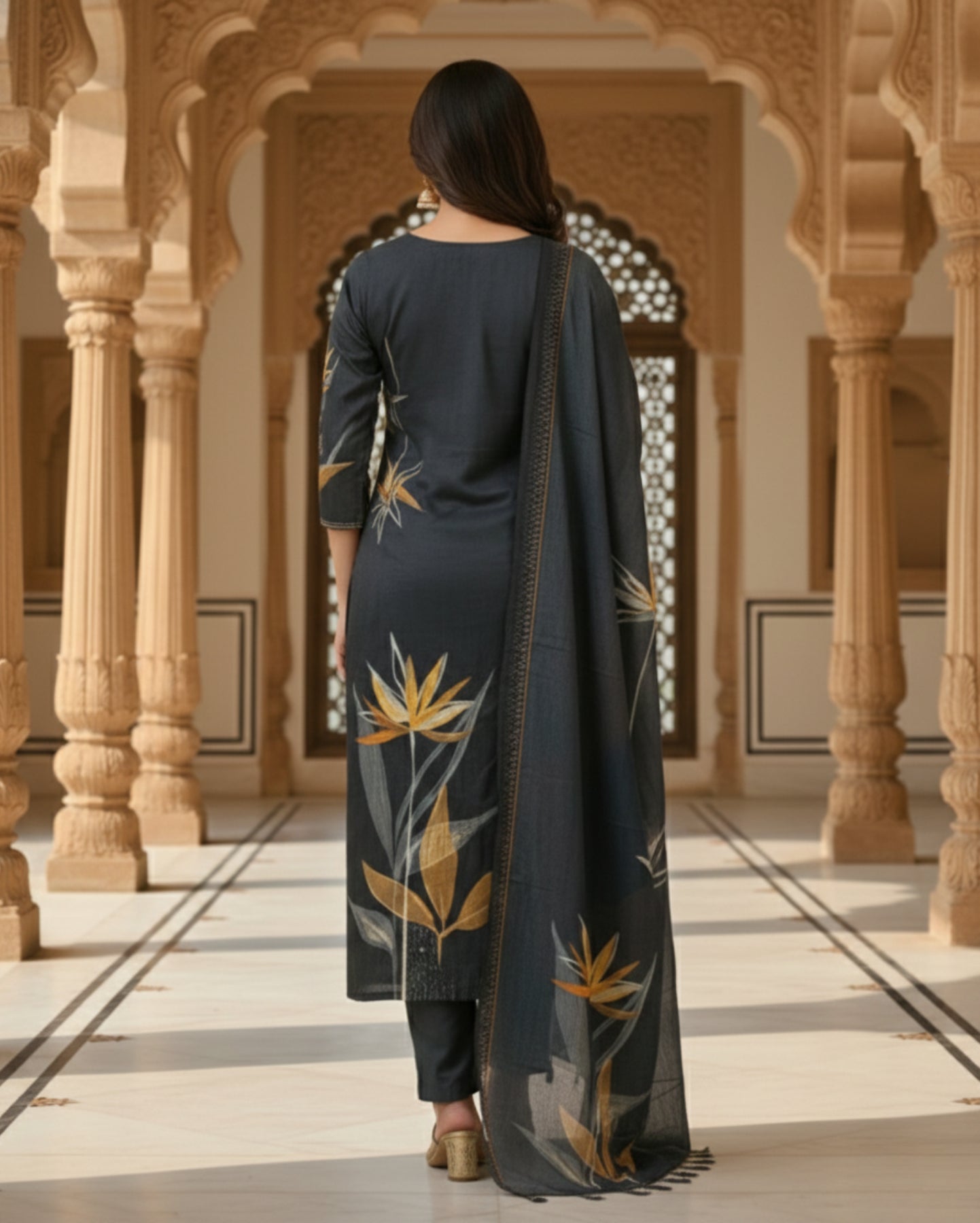 Embroidered Neckline Soft Grey Rayon Kurta Set With Dupatta
