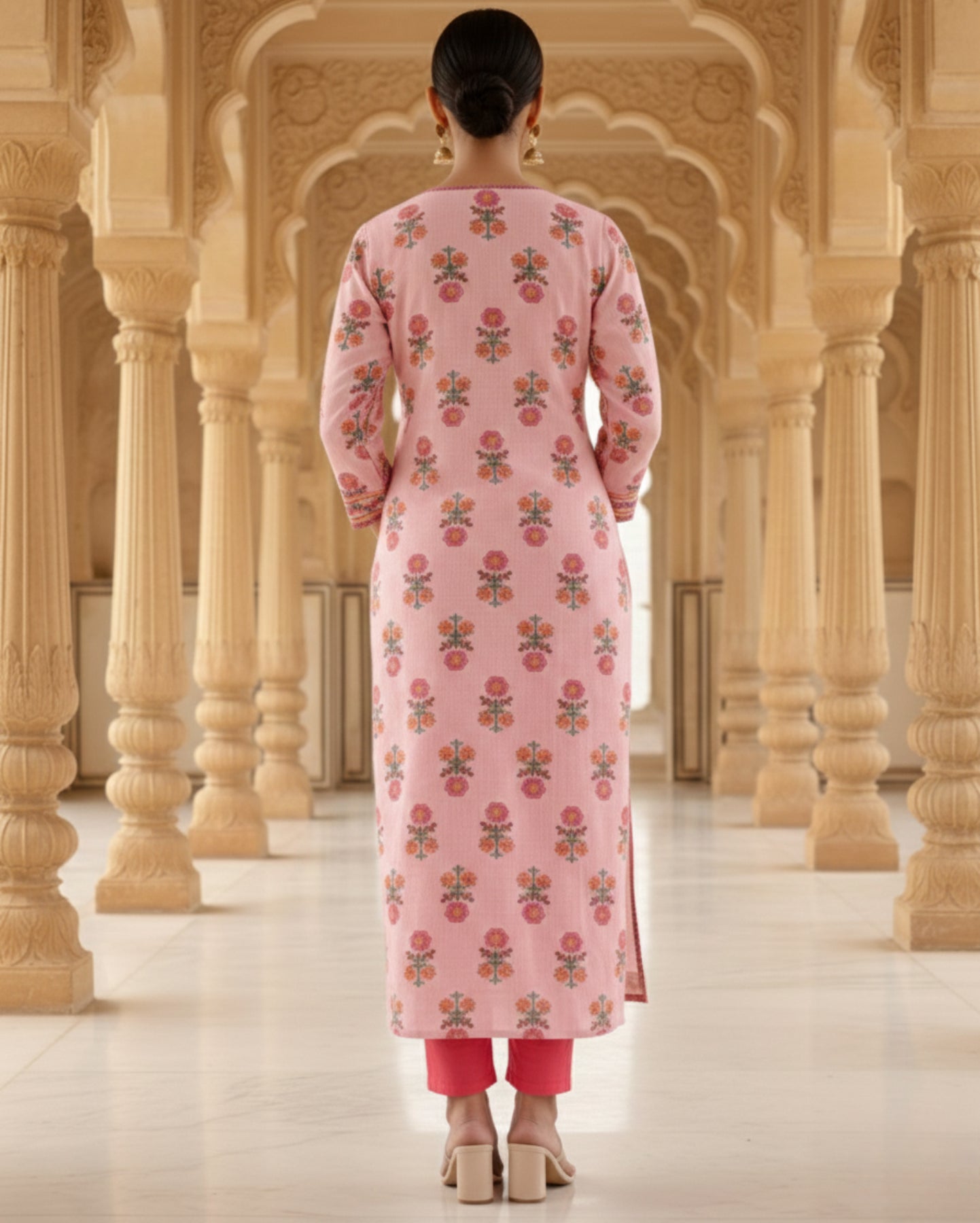 Pink Floral Cotton Kurta Pant Set