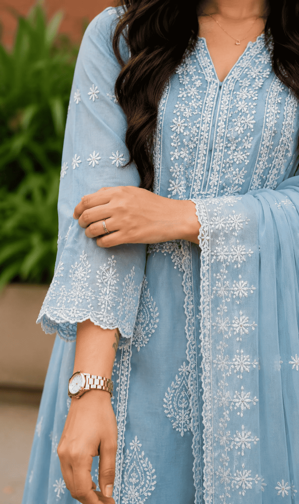 Sky Blue Chikankari Embroidered Mul Cotton Kurta Pant With Dupatta
