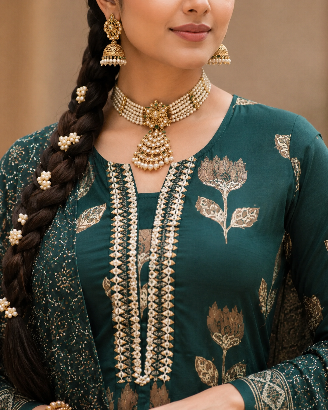 Dark Green Floral Printed Cotton Kurta Pant With Dupatta