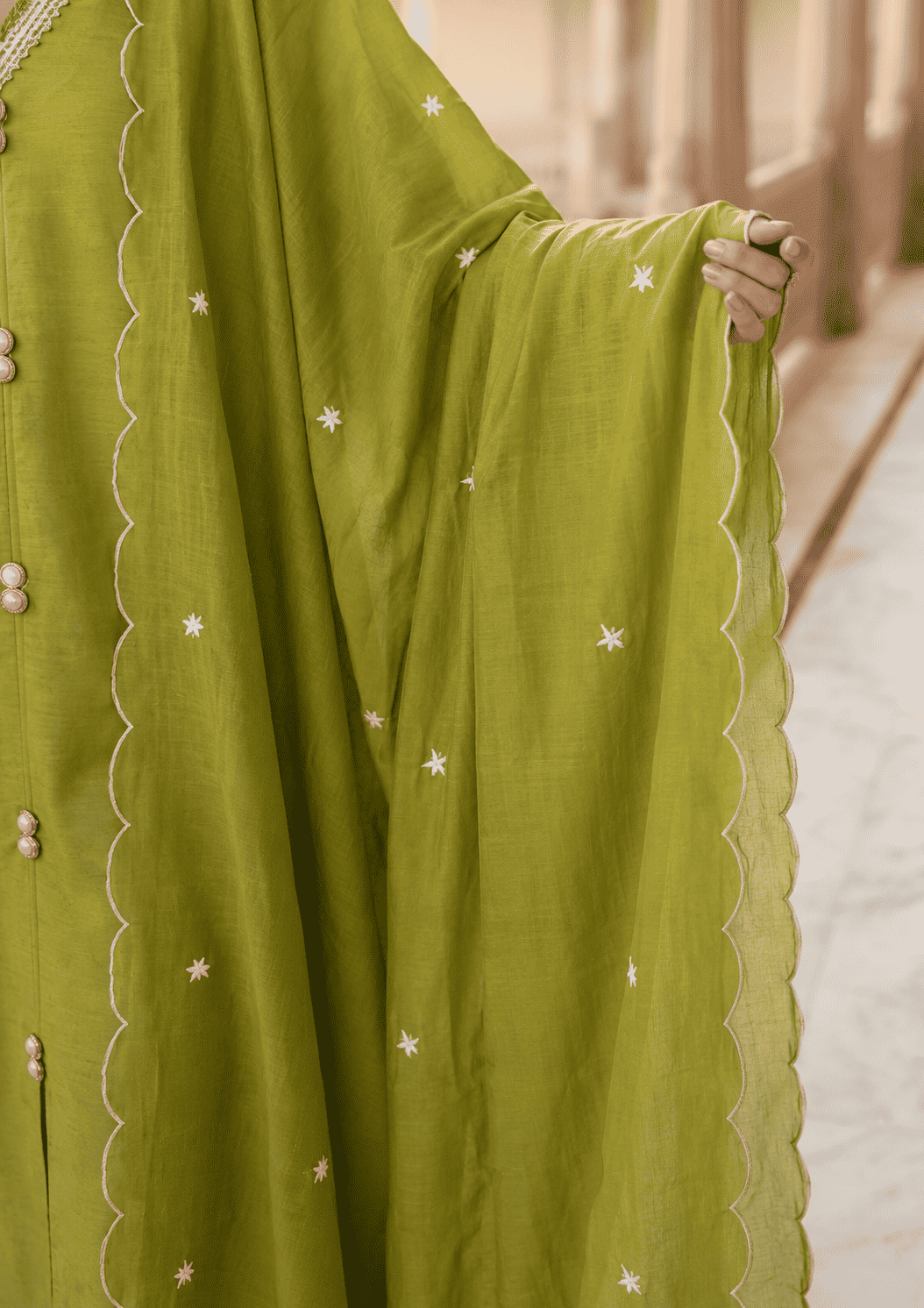 Olive Green Silk Embroidered Kurta pant Set with Dupatta