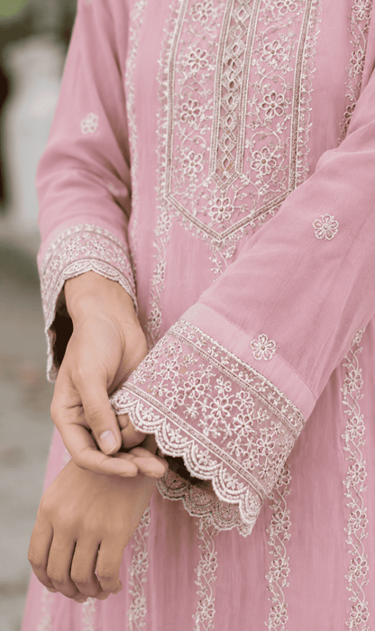 Pink Embroidered Mul Cotton Kurta Pant and Dupatta