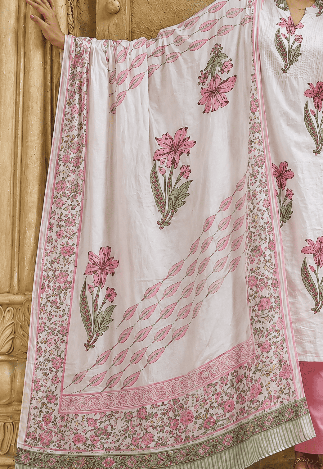 Green and Pink Block Printed Cotton Kurta Pant Set With Dupatta