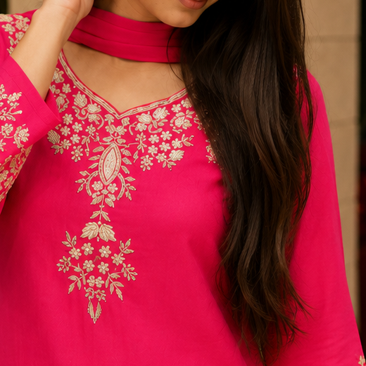 Fuschia Pink Shantoon Embroidered Kurta Pant With Dupatta
