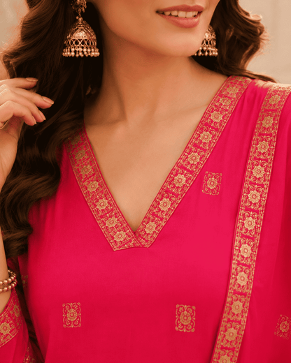 Fuchsia Pink Cotton Kurta Pant Set With Dupatta