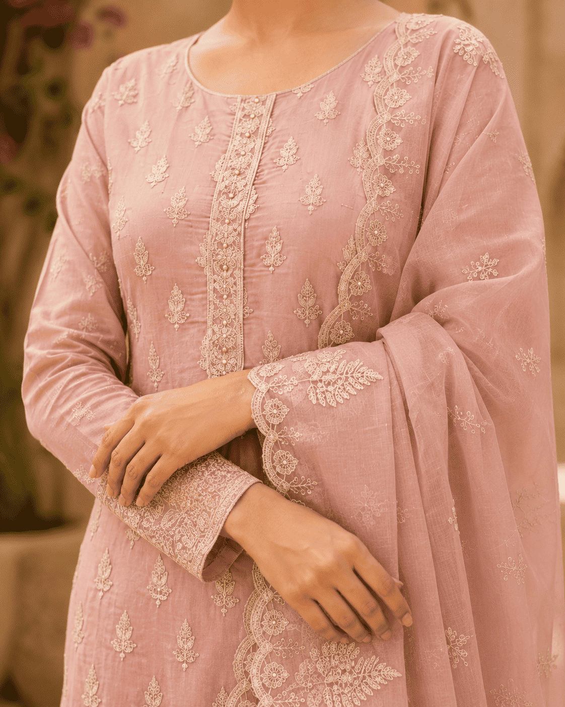 Semi-Stitched Dusty Rose Organza With Delicate Ivory Thread And Sequin Floral Motifs Suit Material
