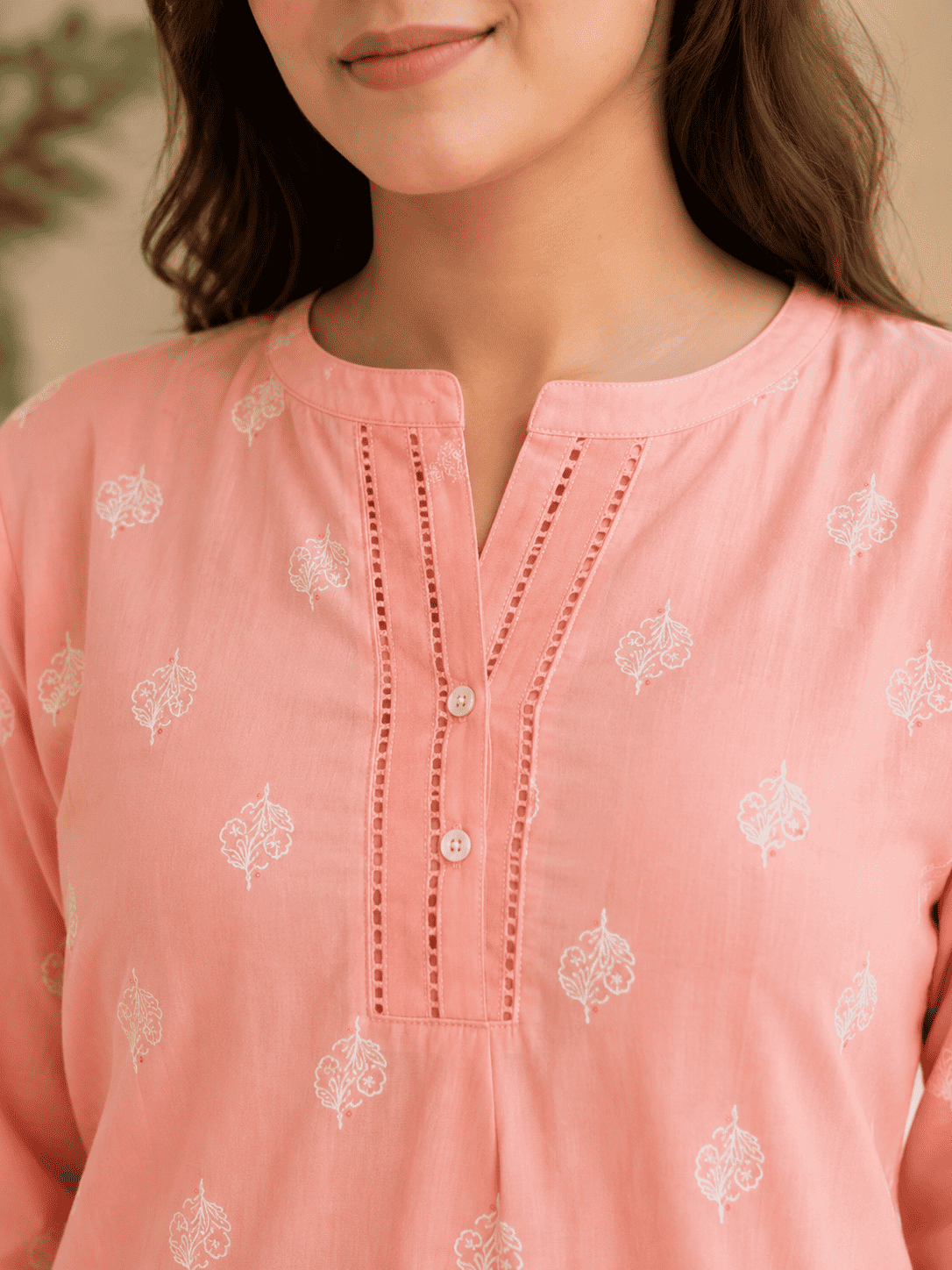 Peach Floral Embroidery Cotton Kurta