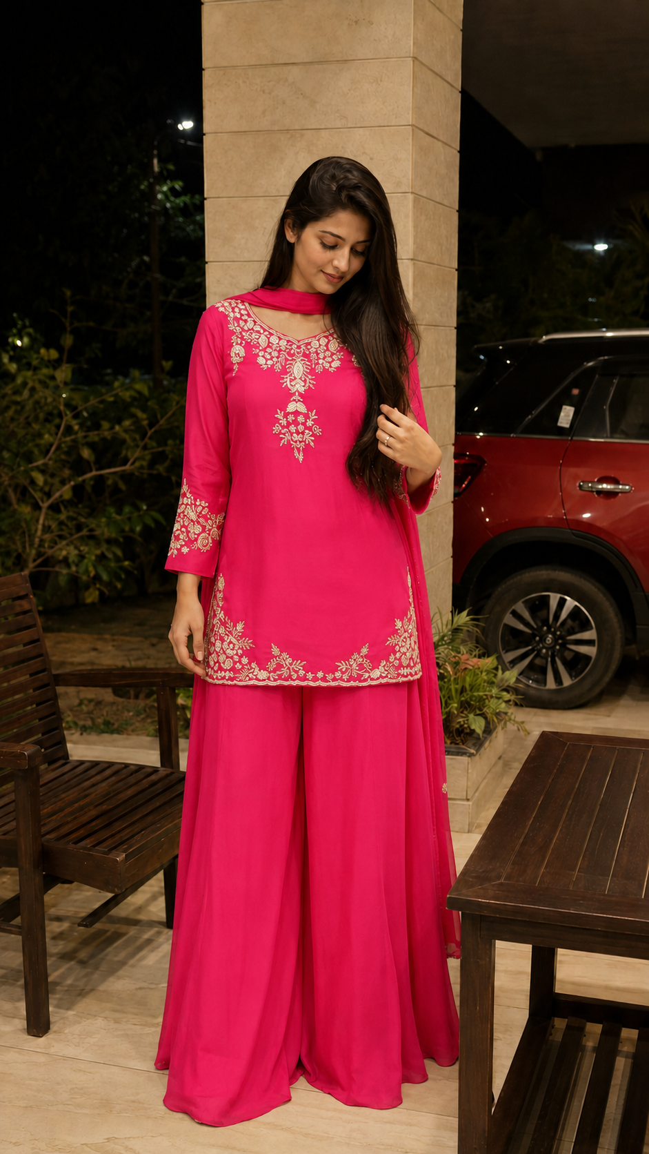 Fuschia Pink Shantoon Embroidered Kurta Pant With Dupatta