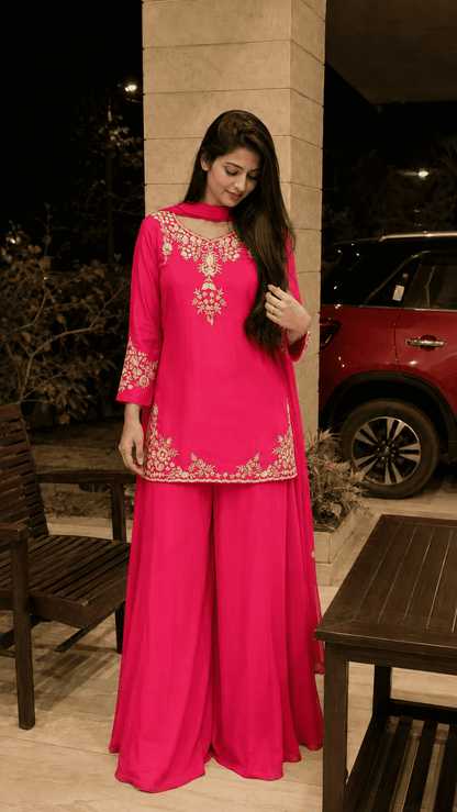 Fuschia Pink Shantoon Embroidered Kurta Pant With Dupatta