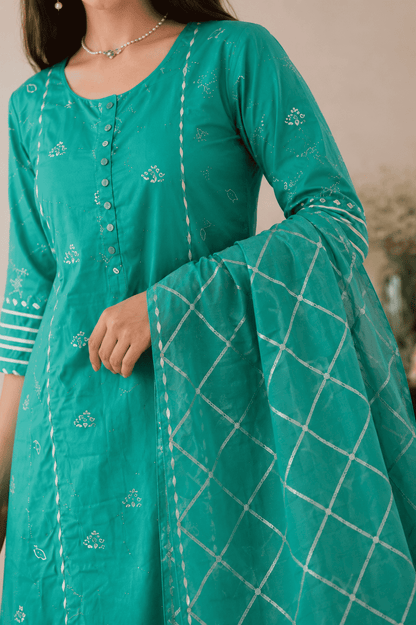 Green Silk embroidered Kurta Pant Set with dupatta