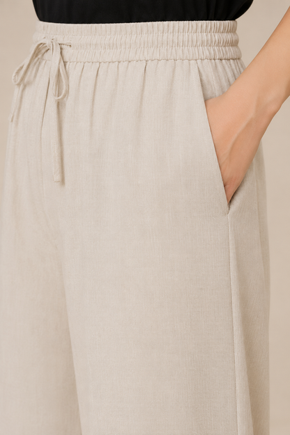 Solid Beige Cotton Straight Pants
