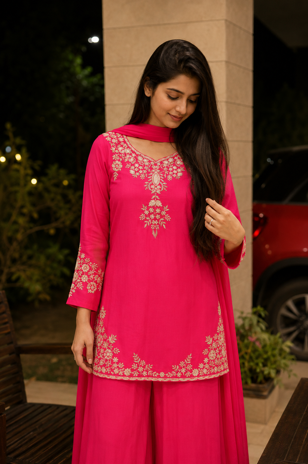 Fuschia Pink Shantoon Embroidered Kurta Pant With Dupatta
