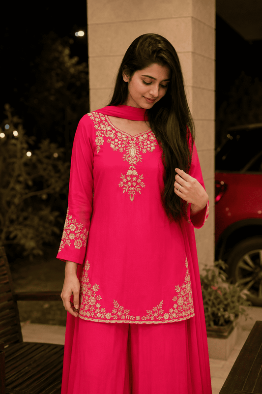 Fuschia Pink Shantoon Embroidered Kurta Pant With Dupatta