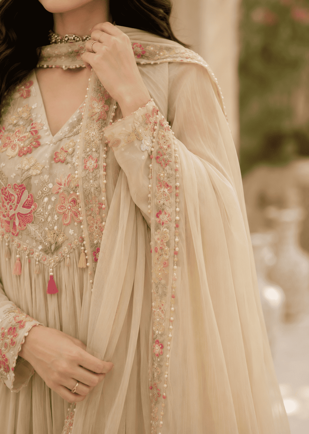 Cream Georgette Blend Anarkali Suit With Floral Dupatta