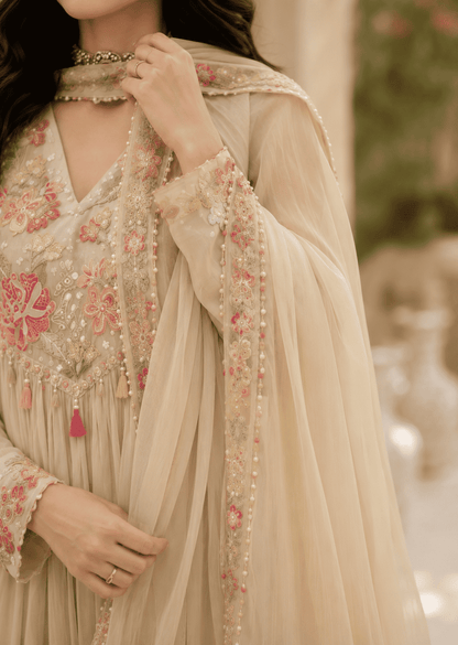 Cream Georgette Blend Anarkali Suit With Floral Dupatta