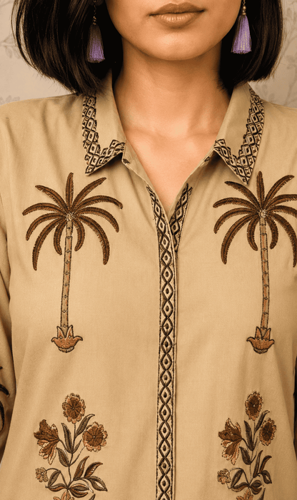 Beige Printed Cotton Blend Kurta Pant Set