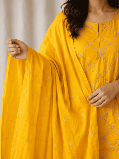Mustard yellow cotton silk kurta set with embroidered dupatta