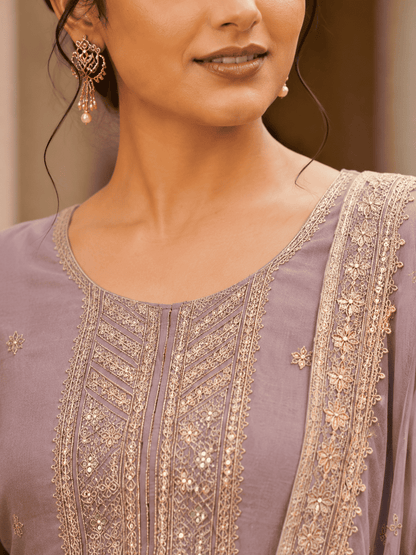 Lilac Semi-Stitched Sheer Organza with Sequins Suit Set With Dupatta