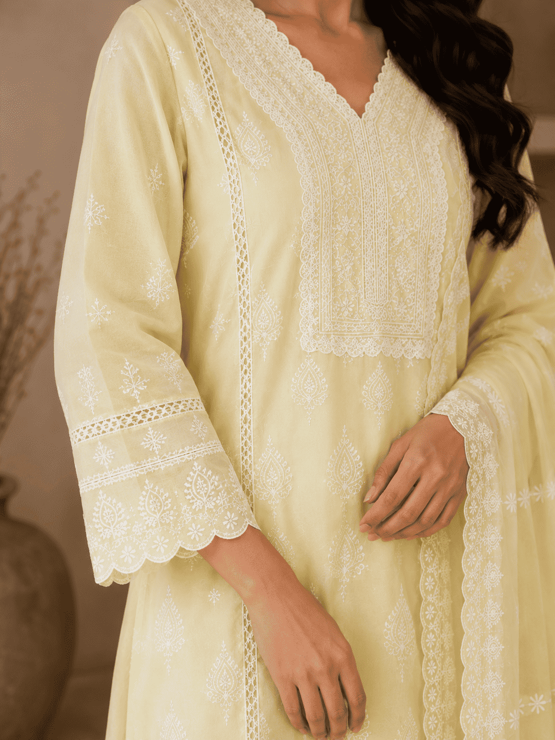 Off-White Chikankari Embroidered Mul Cotton Kurta Pant With Dupatta