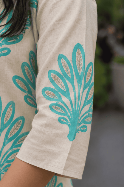Off-White With Mint Green Threadwork Khadi Cotton Kurta Pant Set
