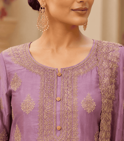 Purple-Lavender Semi Stitched Shimmer Tissue Suit Set With Dupatta With Embroidery