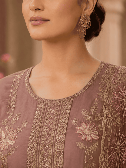 Semi-Stitched Champagne Brown Shimmer Organza With Multicoloured Thread Embroidery Suit Material