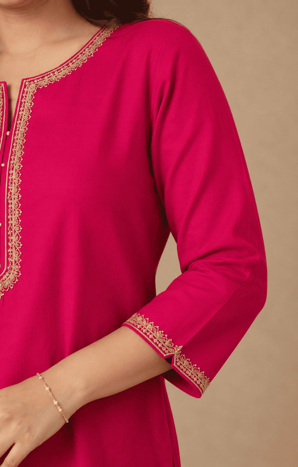 Rani Pink embroidered round neck silk kurta pant set