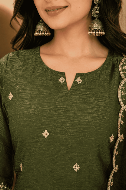 Green Silk Blend Embroidered Kurta Palazzo Dupatta Set