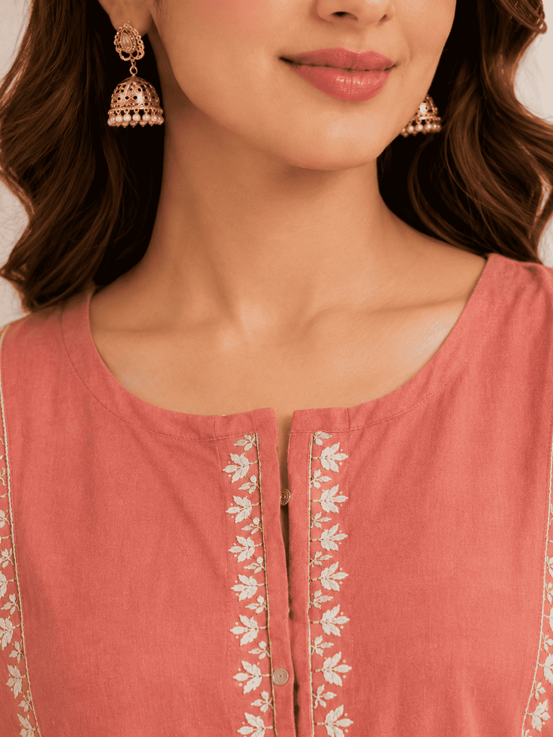 Peach cotton aari embroidered kurta with white cotton pant set