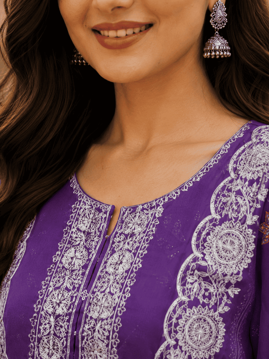 Plum-Purple Semi-Stitched With Multicolour Embroidery Lightweight Organza Suit Set With Dupatta