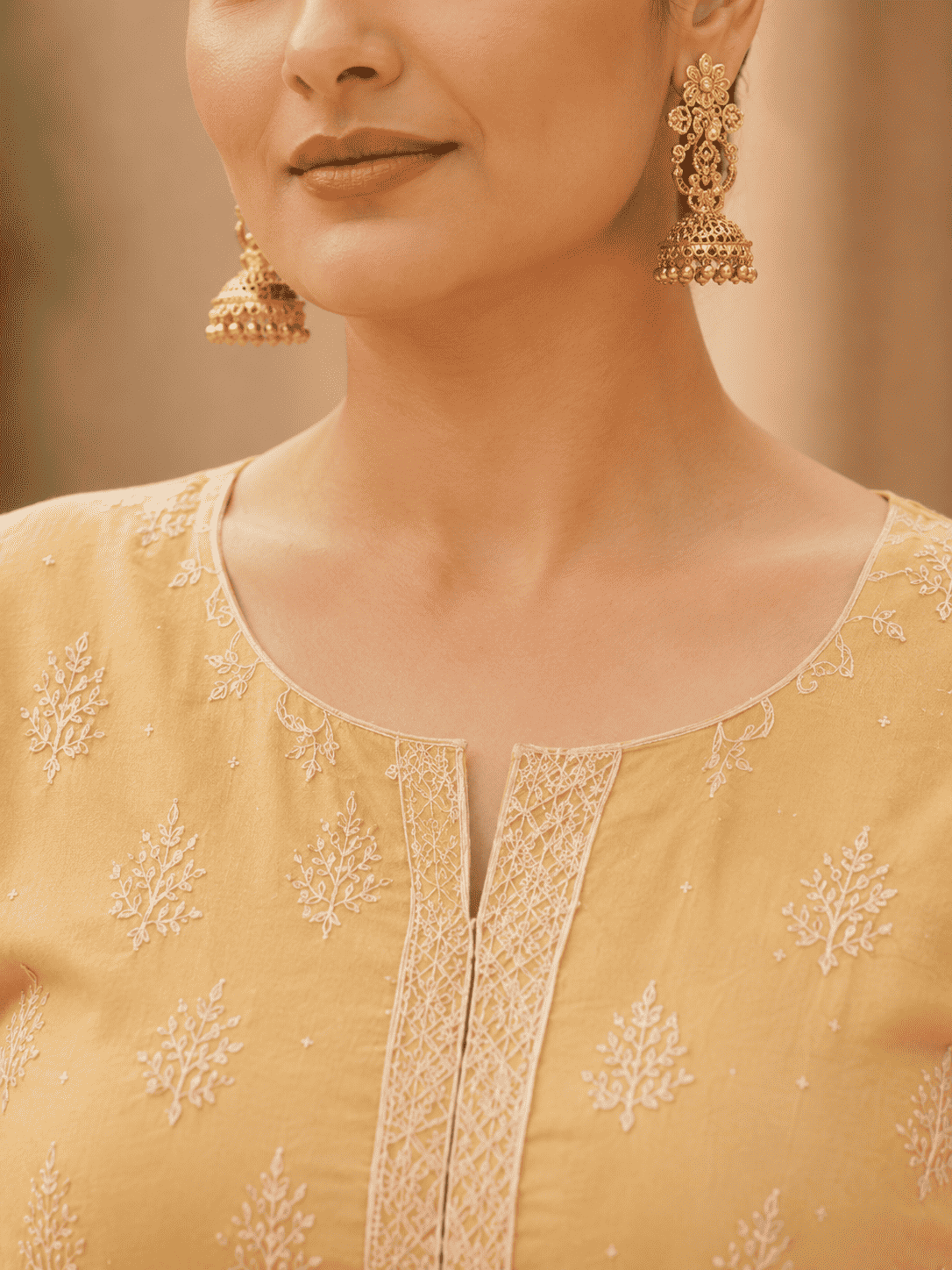 Semi-Stitched Muted Olive-Beige Chiffon Suit With Delicate Ivory Sequin Leaf Embroidery
