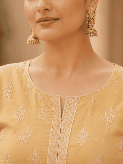 Semi-Stitched Muted Olive-Beige Chiffon Suit With Delicate Ivory Sequin Leaf Embroidery