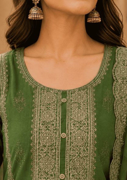 Bottle Green Semi-Stitched With Embroidery Chiffon Suit Set With Dupatta