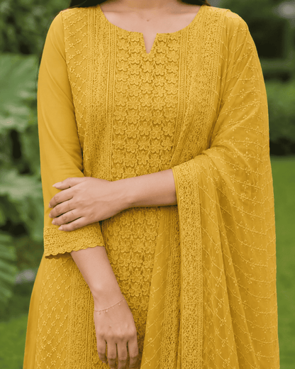 Mustard Chikankari Embroidered Georgette Kurta Pant Set With Dupatta