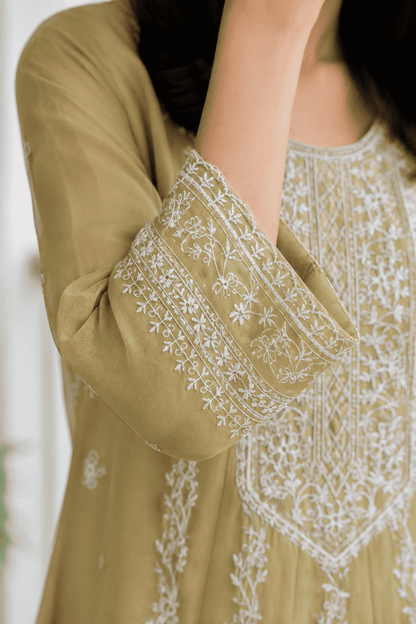 Beige Embroidered Mul Cotton Kurta Pant and Dupatta