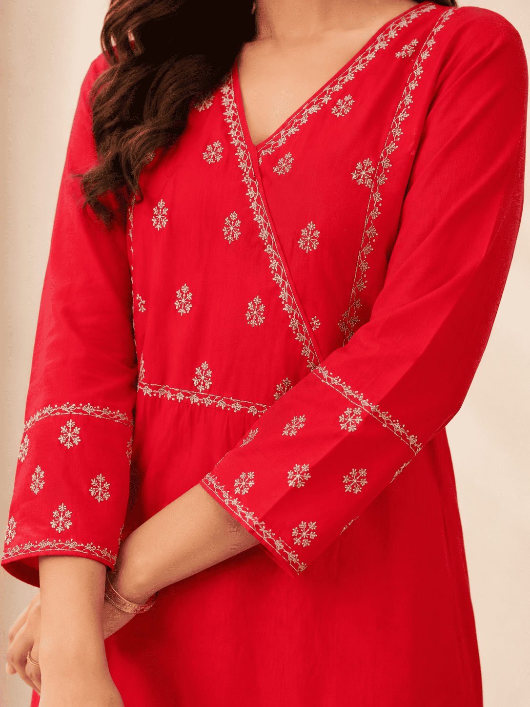 Red with Embroidered Soft Silk Blend Kurta Pant Set