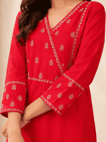 Red with Embroidered Soft Silk Blend Kurta Pant Set