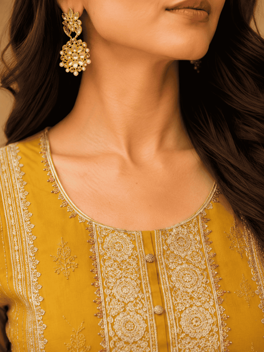 Olive-Mustard Semi-Stitched Soft Organza Suit With Dupatta With Multicolour Thread And Zari Embroidery