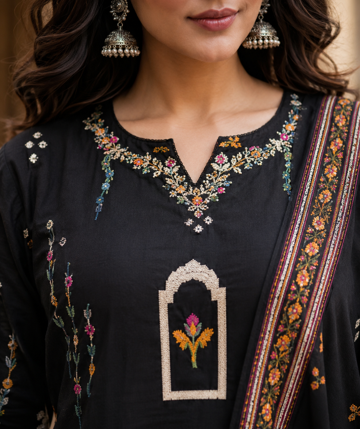 Black Printed Cotton Kurta Pant With Dupatta