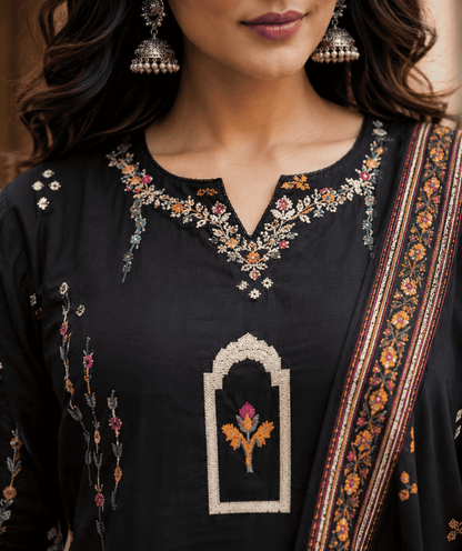 Black Printed Cotton Kurta Pant With Dupatta