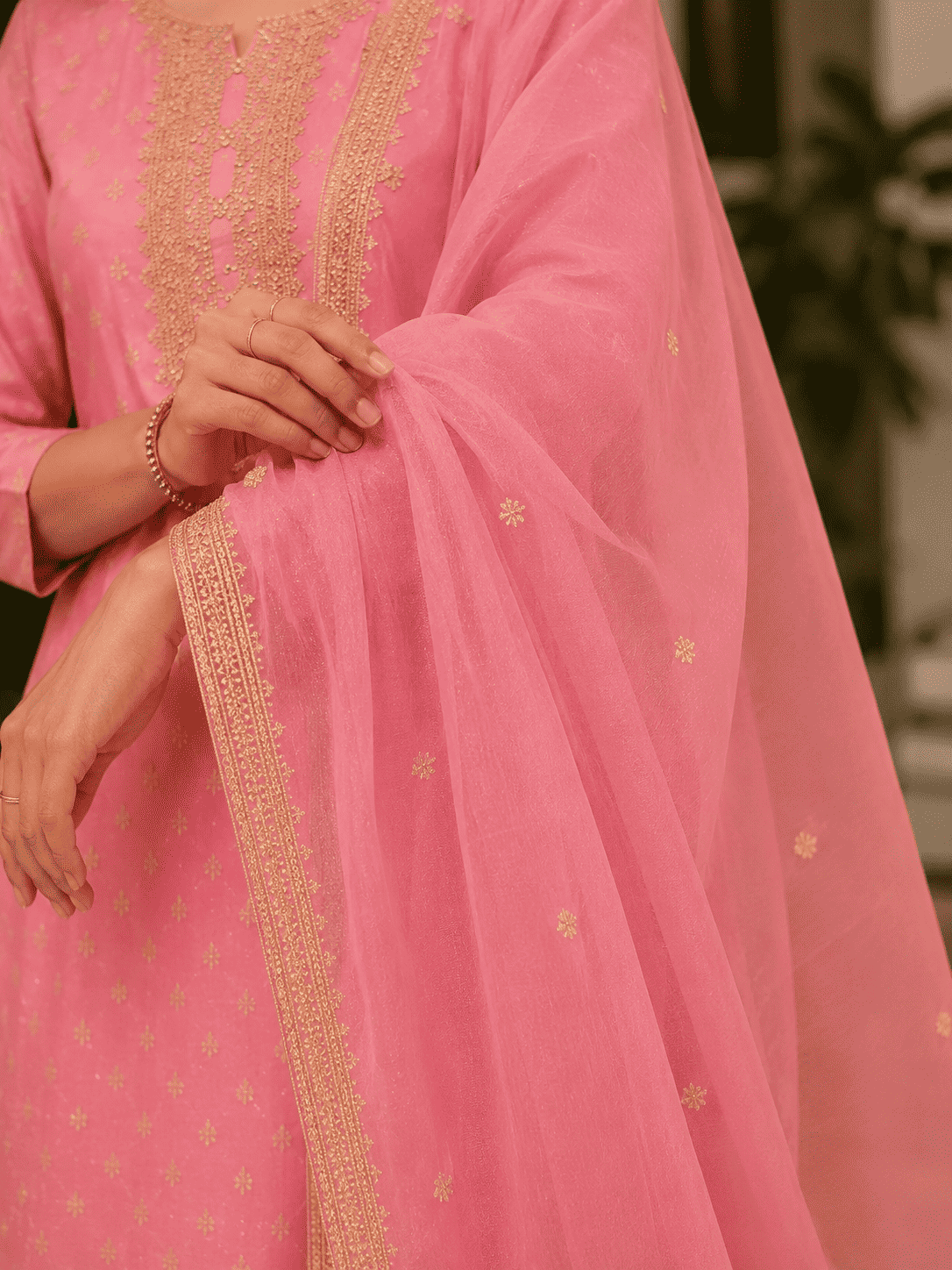 Pink Chanderi Silk Embroidered Kurta Pant and Dupatta Set