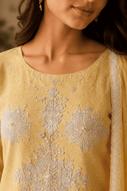 Unstitched lime embroidered cotton suit with dupatta