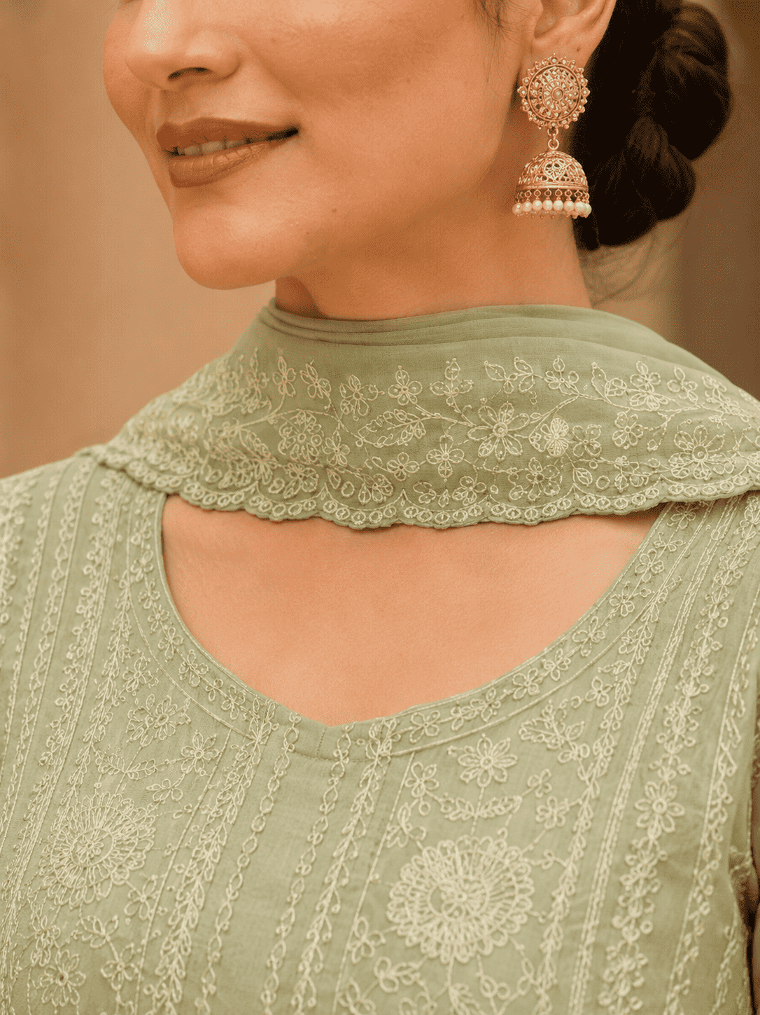 Semi-Stitched Soft Pastel Mint Green Organza Suit With Intricate White Thread And Golden Sequin Embroidery