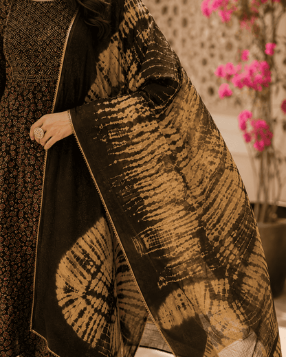 Black Printed Cotton Kurta Set With Tie And Dye Dupatta
